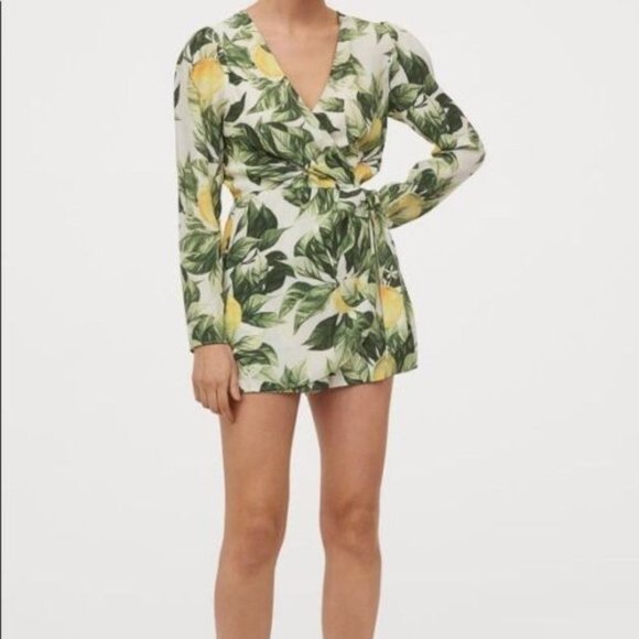H&M NWT Long sleeve Floral Lemon Tree Wrap style V-neck BOHO romper - Picture 2 of 7